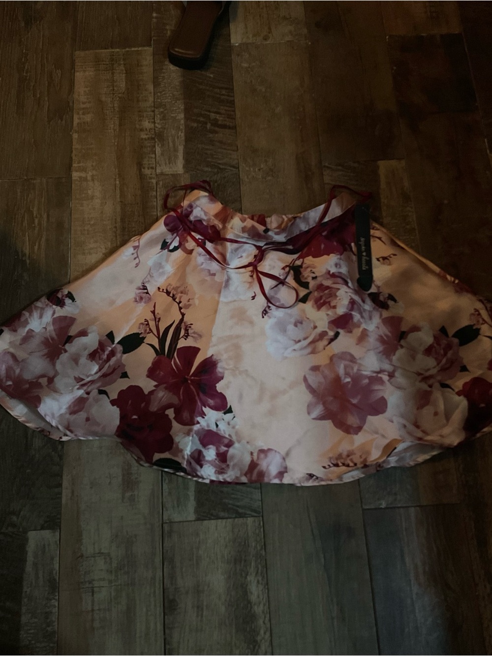 Sequin Hearts Pink Satin Floral Skirt with Burgundy Blooms